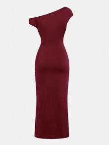 SHEIN Tween Girl Casual Elegant Asymmetric Neck Ruched Waist Bodycon Maxi Knit Dress, Suitable For Halloween Party, Back To School Outfit, Gatherings, Wine Red Dress Elegant Dinner Dress Girls