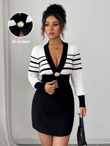 Elenzga Cárdigan de punto para mujer, de manga larga y cuello en V, con bajo asimétrico, suéter ligero con textura metálica, botón asimétrico de hoja única, a rayas clásicas en blanco y negro, mangas raglán, puños y bajo acanalados, sofisticado y elegante, versátil para uso casual, adecuado para otoño temprano e invierno como prenda de vestir para mujer