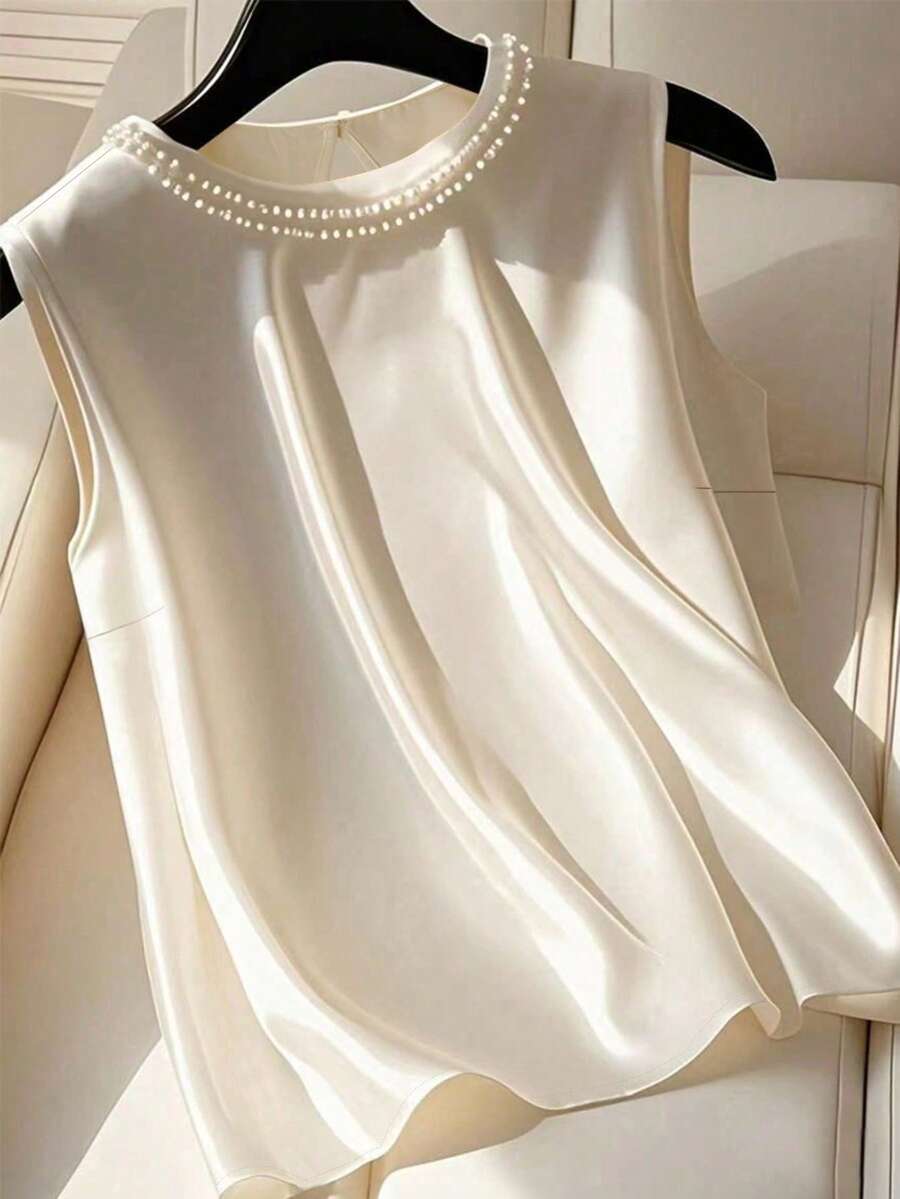 Franclia 女士优雅仿珍珠串珠圆领衬衫，夏季 - 彩色 - 查看 1