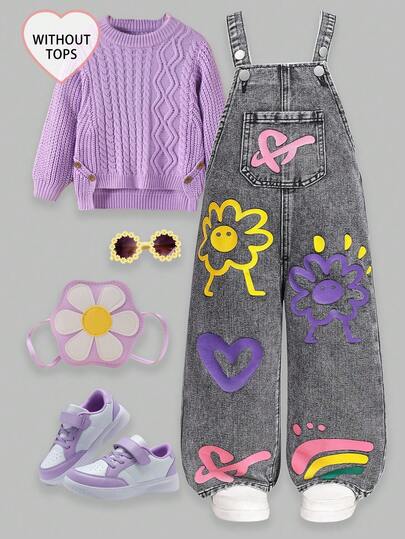 SHEIN ChillGRL 女童新款花卉、心形、彩虹涂鸦时尚休闲舒适柔软牛仔连体裤