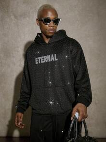 PAVTROS 男士休闲水钻字母图案口袋连帽衫，秋季 - 黑色 - 查看 1