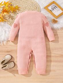 SHEIN Baby Girl Heart Pattern Long Sleeve Single-Breasted Knitted Jumpsuit, Autumn/Winter