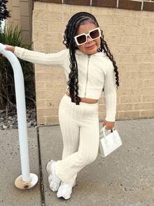 Set de 2 piezas: Sudadera con capucha de punto texturizado + Pantalones acampanados para niñas jóvenes, moda casual versátil para uso diario - Blanco - Ver 4