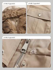 Anewsta 女式秋冬长袖短款仿毛领开衫 - 駝色 - 查看 5