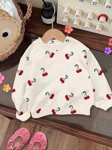 SHEIN Áo sweatshirt dài tay cổ tròn dáng rộng thoải mái màu trắng kem hiệu Happikins dành cho bé gái, phù hợp cho mùa thu/đông và mùa hè, dễ chịu, có thể mặc nhiều lớp vào mùa thu, thời trang, phong cách thường ngày, họa tiết bắt mắt, thích hợp cho mùa tựu trường, mùa thu, lễ hội trường, áo sweatshirt họa tiết quả anh đào cho bé gái, áo len họa tiết quả anh đào cho mùa thu. - Nhiều màu - Xem 4
