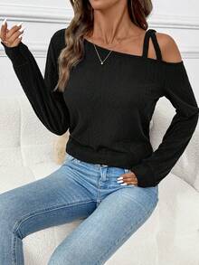SHEIN Clasi Women's Solid Color Asymmetrical Shoulder Long Sleeve Casual Fashion T-Shirt In Fall/Winter, Black Long Sleeve Knit T-Shirt, New Year Thanksgiving Party