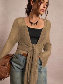 Freevana 大码纯色扭纹前透休闲时尚长袖开衫 - 杏色 - 查看 6