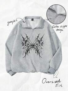 Attitoon Casual Street Punk Y2K Style Grey & Black Wing Pattern Print Loose Fit Half Zip High Neck Fleece Sweatshirt, Comfortable For Autumn/Winter Graphic - Grey - View 2