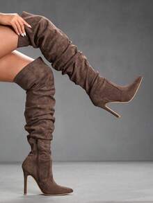 CUCCOO SZL Women's Slim Heel High Heel Deep Brown Autumn/Winter Boots, Sexy Party/Dance Boots, Wide Leg Boots, Pleated Boots, Thigh High Boots, Suede For Christmas Valentine's Day - Coffee Brown - View 1