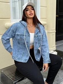 Jeanoix Áo khoác denim có mũ trùm đầu, cài nút phía trước, cỡ lớn, mùa thu - Màu xanh lam - Xem 7