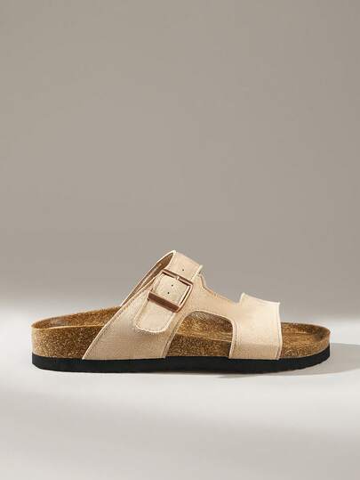 Solecia Women's Fashion Buckle Detail Flat Sandals, Summer Beach Vacation Slip-On Sandals