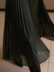 MOTF PREMIUM WOMEN'S STRIPED PRINT MOCK NECK BOW SHOULDER PLEATED HEM BELTED DRESS, AUTUMN/WINTER