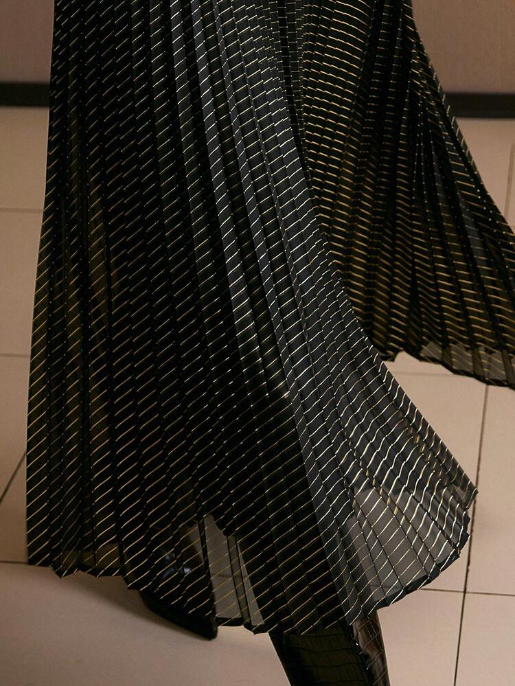 WOMEN'S STRIPED PRINT MOCK NECK BOW SHOULDER PLEATED HEM BELTED DRESS, AUTUMN/WINTER