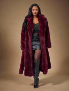 Radiana 优雅酒红色仿皮草长款外套，配腰带，保暖滑雪服外套，柔软蓬松的皮草大衣，适合秋冬季节；适合约会、聚会、派对、夜店、夜生活、圣诞节、新年、宴会、舞会、节日、派对；盛大晚宴；毕业舞会礼服 - 酒紅色 - 查看 5