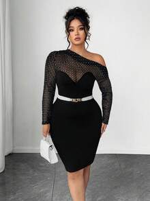 Elenzga Plus Size Asymmetric Collar Mesh Patchwork Long Sleeve Dress - Black - View 7