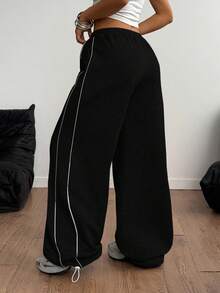 Coolane Women's Winter Streetwear Homecoming Daily Wear Going Out Sport Casual Basic Banded Texture Decoration  Black Low Rise Baggy Sweatpants - Black - View 5