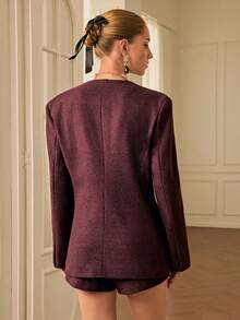 Aveloria Rosie 秋冬酒红色复古美式时尚设计无领收腰宽肩廓形西装外套和高腰迷你裙两件套 - 彩色 - 查看 2