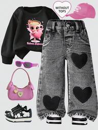 SHEIN Explorewe Jeans a gamba dritta con ricamo a cuore carino per ragazze giovani, estetica vintage Y2K, casual e adatto per raduni e uso domestico