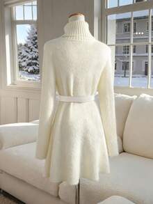 Franclia 女士秋冬高领长袖蓬蓬针织毛衣裙，法式优雅毛茸茸宽松休闲针织毛衣，女士圣诞装，冬装，女士秋装，优雅白裙，女士优雅装，婚礼活动礼服 - 白色 - 查看 2
