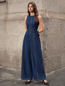 Selenza 女式时尚性感露背阔腿牛仔连体裤 - 藍色 - 查看 8