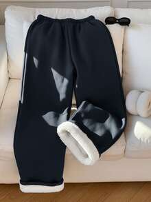 SHEIN EZwear 海军蓝女式秋冬保暖内衬休闲抽绳腰部宽松运动裤，适合日常穿着和返校季