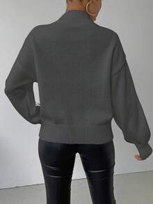 SHEIN LUNE 女式纹理落肩长袖休闲毛衣，秋冬 - 深灰色 - 查看 2