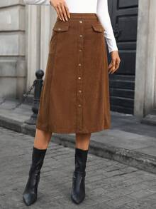 SHEIN LUNE Fustă de damă kaki din catifea reiată texturată, cu buzunare în față, cu clapă deschisă, stil stradal, pentru vacanță, Halloween, articol esențial la modă, fustă dreaptă versatilă, lungime medie - Kaki - Vizualizare 5