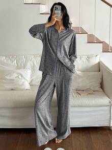 DAZY 女士条纹卡通图案拉绒面料撞色绣花边睡衣套装，秋冬 - 灰色 - 查看 6