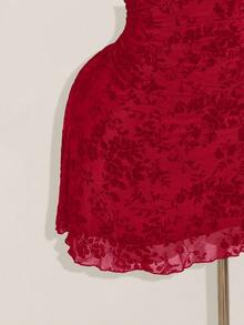 SHEIN ICON 大码女式复古花卉褶皱连衣裙，复古 Y2K 褶皱吊带背心连衣裙，适合秋季、度假、毕业典礼、返校 - 酒紅色 - 查看 7