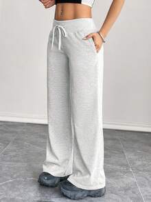 SHEIN PETITE 舒适休闲纯色针织低腰阔腿女式运动裤 - 灰色 - 查看 4