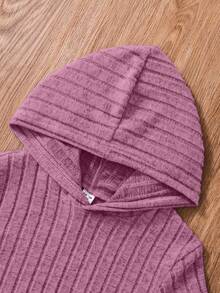 SHEIN 2pcs Tween Girls Casual Solid Color Ribbed Hoodie & Pants Set - Hot Pink - View 4