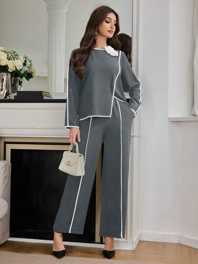 Modelyn 2 件套女式撞色饰边 3D 花卉装饰简约上衣和裤子套装 2 件套