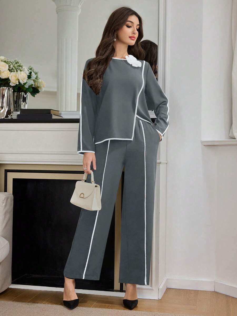 Modelyn 2 件套女式撞色饰边 3D 花卉装饰简约上衣和裤子套装 2 件套 - 灰色 - 查看 1
