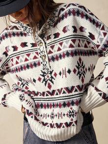 Bohemela 波西米亚风秋冬外套，女士复古风费尔岛图案圆领半开襟针织长袖毛衣，西部乡村风格，适合音乐会、派对、海滩度假、日常穿着、返校、外出、圣诞节、新年等场合。 - 彩色 - 查看 2