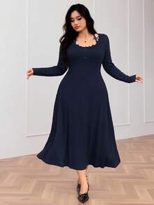 Modelyn 大码女式优雅纯色撞色蕾丝领口束腰连衣裙，春秋季 - 藏蓝色 - 查看 4