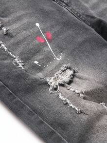 Manfinity Roughcore 前卫哥特式长款紧身牛仔裤，黑色牛仔布，红色点缀和拉链细节，红黑破洞牛仔裤，泼墨牛仔裤，男士，emo 风格 - 黑色 - 查看 5