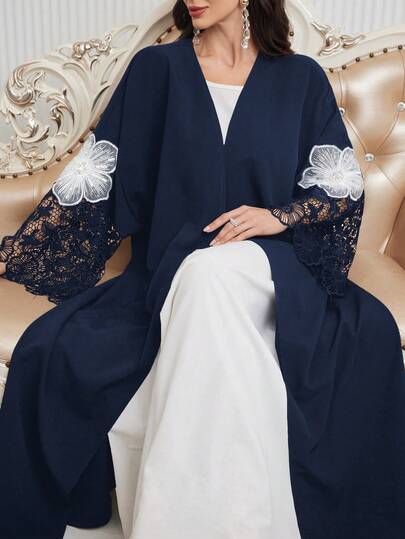 Al Najma Women Loose Fit Arabic Style Abaya Robe With Lace Cuff Patchwork & Embroidery Decor, Casual Open Abayas, For Casual Daily/Party