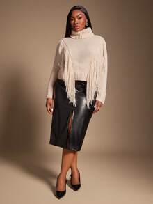 SHEIN SXY Plus Size Women's New Arrival Autumn/Winter Pullover Sweater With Tassel Decor High Neck - Apricot - View 6