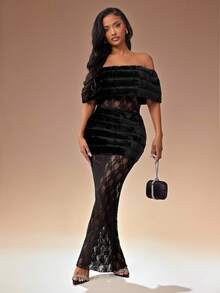 Radiana Autumn Elegant Black Floral Lace & Faux Fur Patchwork Long Dress,Off Shoulder Sheer Mesh Maxi Formal Gown For Dinner,Parties,Birthday Outfit Slay Diva - Black - View 5