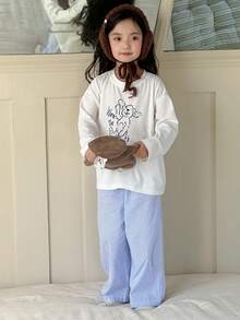 DAZY 2pcs Young Girl Girls Knit Printed Long Sleeve T-Shirt + Woven Striped Pants Loungewear Set, Fall - Blue - View 2