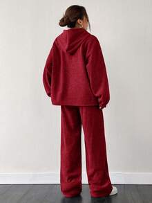 SHEIN EZwear Bộ 2 áo nỉ len dệt kim lót nhiệt cỡ lớn màu đỏ và quần dài ống rộng - Màu Hoa hồng đỏ - Xem 2