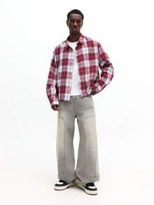 SUMWON Men's Plaid Button Down Long Sleeve Casual Shirt Fall Winter Flannel Checkered Top - Red and White - View 3