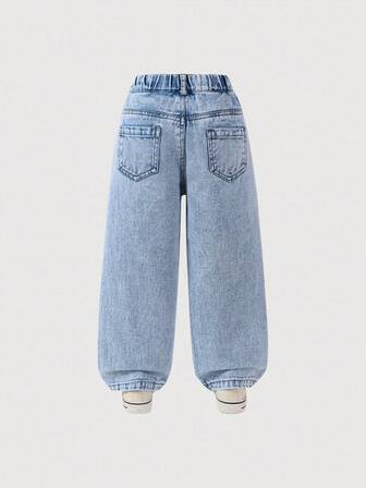 Young Girl Adorable Light Wash Denim Jeans With Embroidered Floral Plant Pattern Long Straight Leg Design And Zipper Details 90s Cutesy