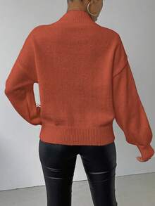 SHEIN LUNE 女式休闲度假风格图案立领落肩宽松灯笼袖毛衣，秋冬 - 珊瑚橙 - 查看 2