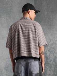 SUMWON Casual Oversized Button Down Short Sleeve Shirt Weekend Streetwear Urban Fashion Classic Plaid Pattern Spring Summer Autumn Essential - Black and White - View 3