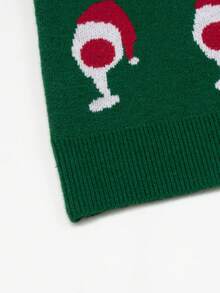 EMERY ROSE Christmas Holiday Wine Glass Print Green Casual Party Sweater Top - Green - View 3