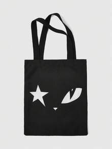 ROMWE Kawaii Reusable Canvas Tote Bag With Allover Print Eye/Moon/Star Pattern, Shoulder Bag Design Suitable For Shopping