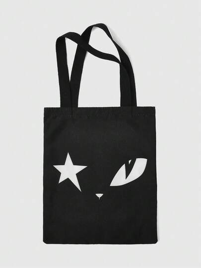 Kawaii Bolsa de lona reutilizable con estampado de ojo/luna/estrella en todo el diseño, bolso de hombro adecuado para ir de compras