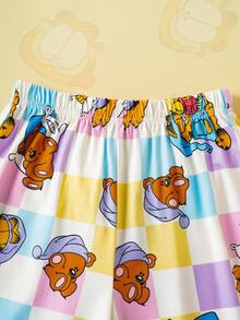 GARFIELD | SHEIN Set Piyama Musim Gugur/Dingin untuk Anak Perempuan Remaja Motif Kartun Beruang Kotak-kotak Warna-warni Atasan Lengan Panjang Berkerah dan Celana Panjang Lebar - MultiWarna - View 7
