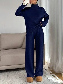 SHEIN Tall 女款寬鬆版高領毛衣搭配羅紋針織細節直筒針織長褲套裝，適合高個女性 - 藏蓝色 - 查看 8